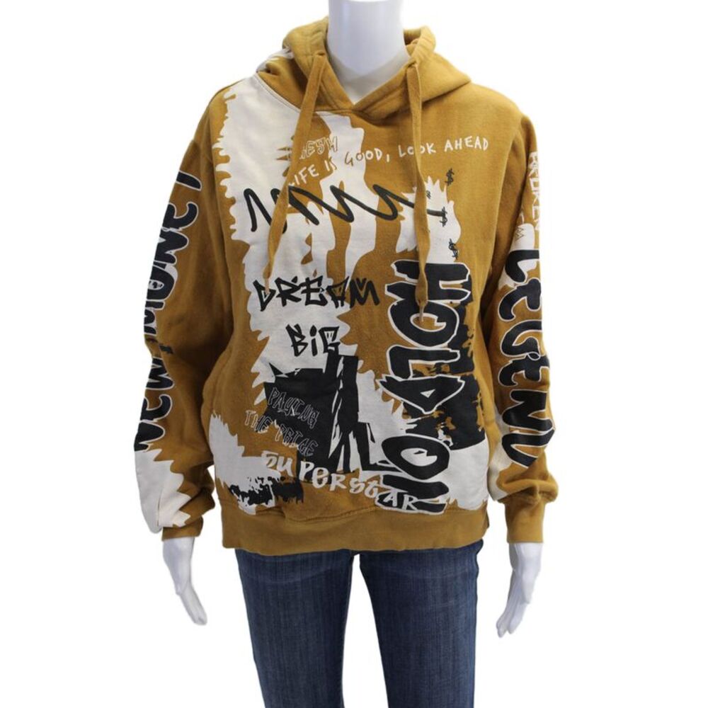 Designer Unisex Pullover Hoodie Brown Graphic Print Quotes Drawstring Size S